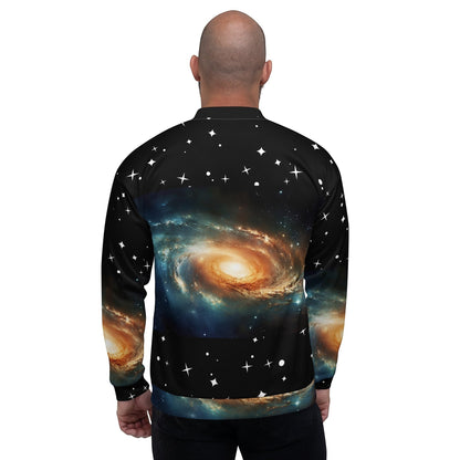 Good Wishes 365 unisex bomber jacket with black background and vibrant galaxy space print, back view on a man.