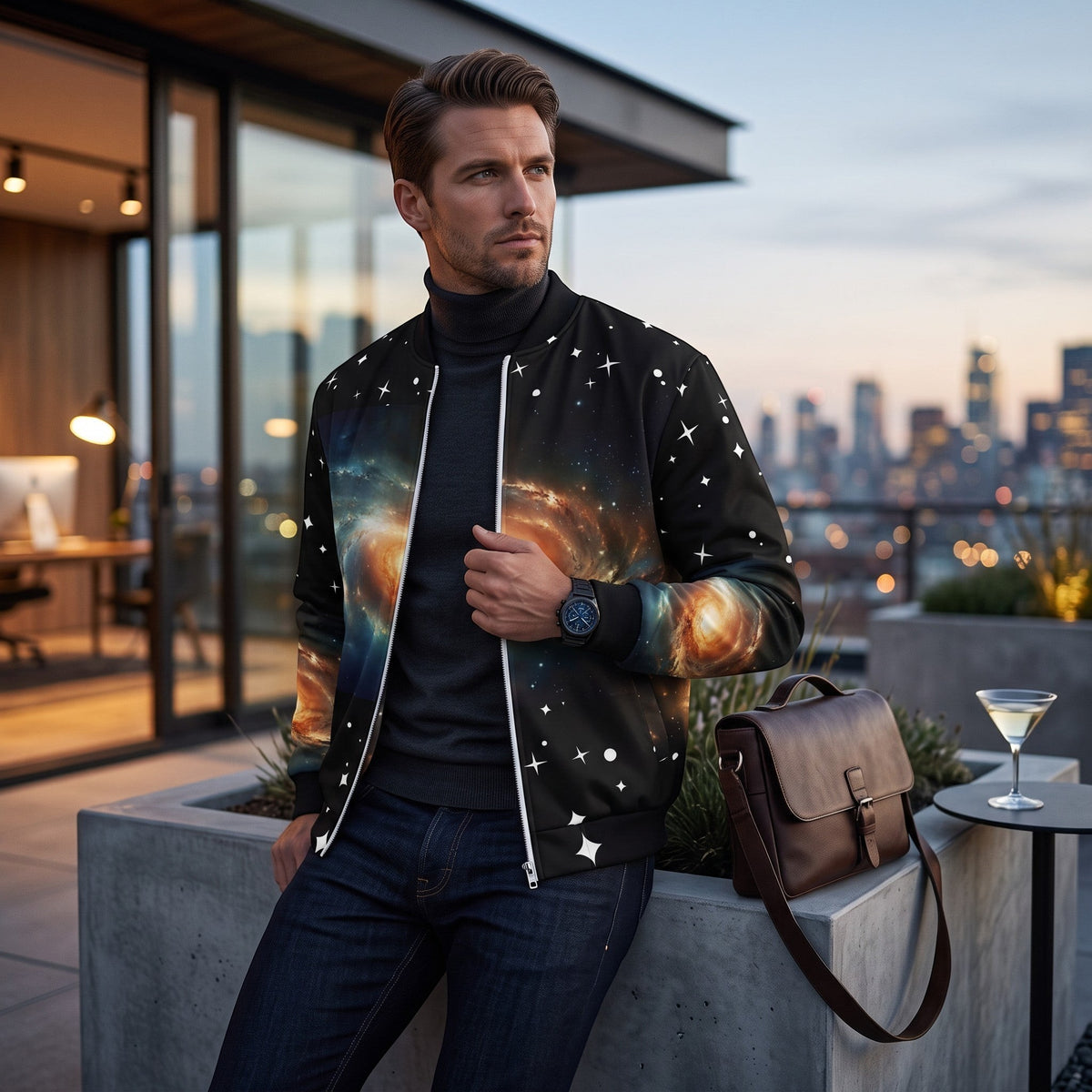 Good Wishes 365 unisex bomber jacket featuring a vibrant galaxy universe print with stars on a black polyester base.