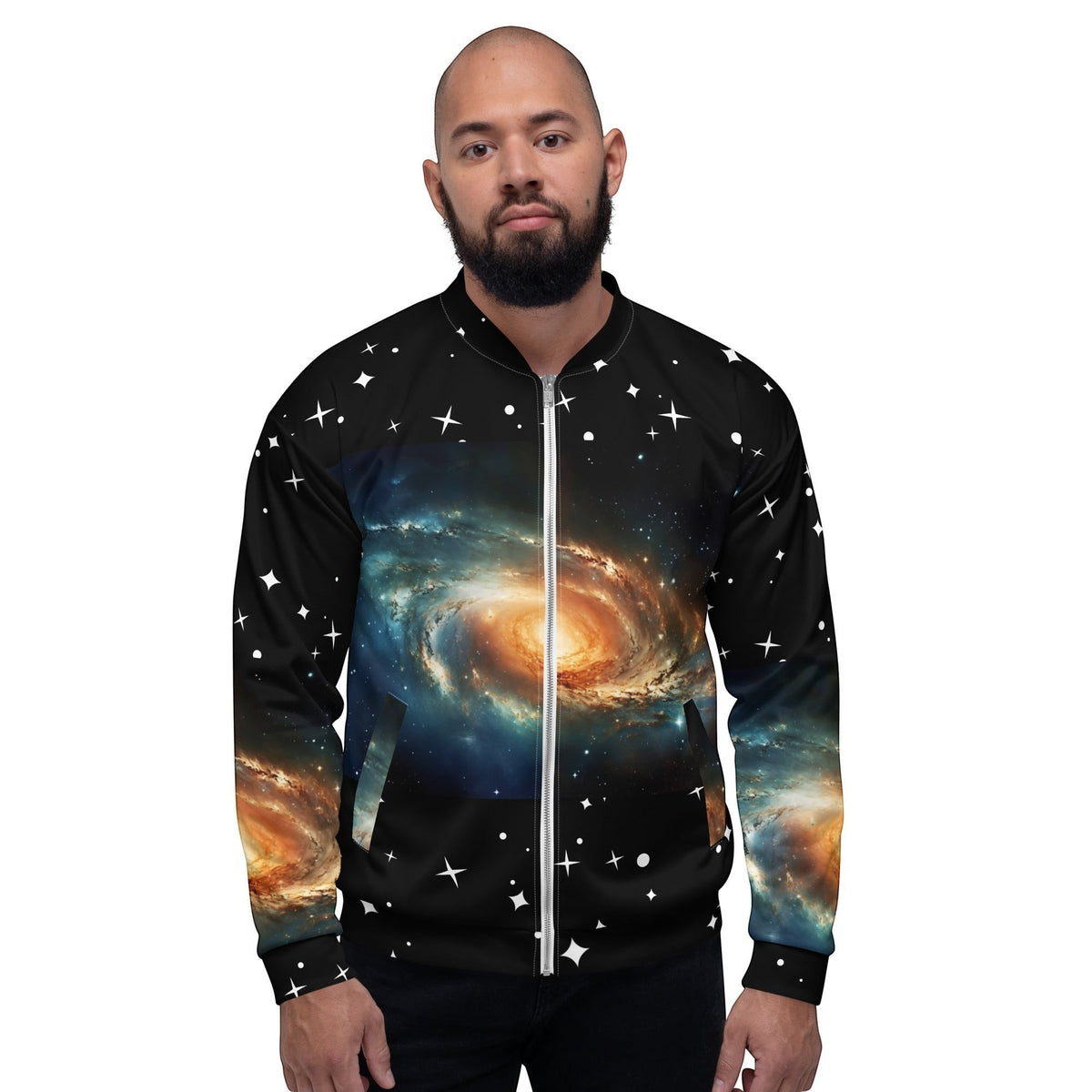 A man wearing a Good Wishes 365 unisex bomber jacket featuring an all-over galaxy print with stars on black fabric.