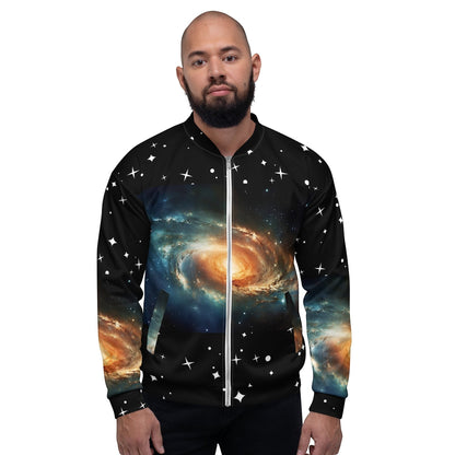 A man wearing a Good Wishes 365 unisex bomber jacket featuring an all-over galaxy print with stars on black fabric.