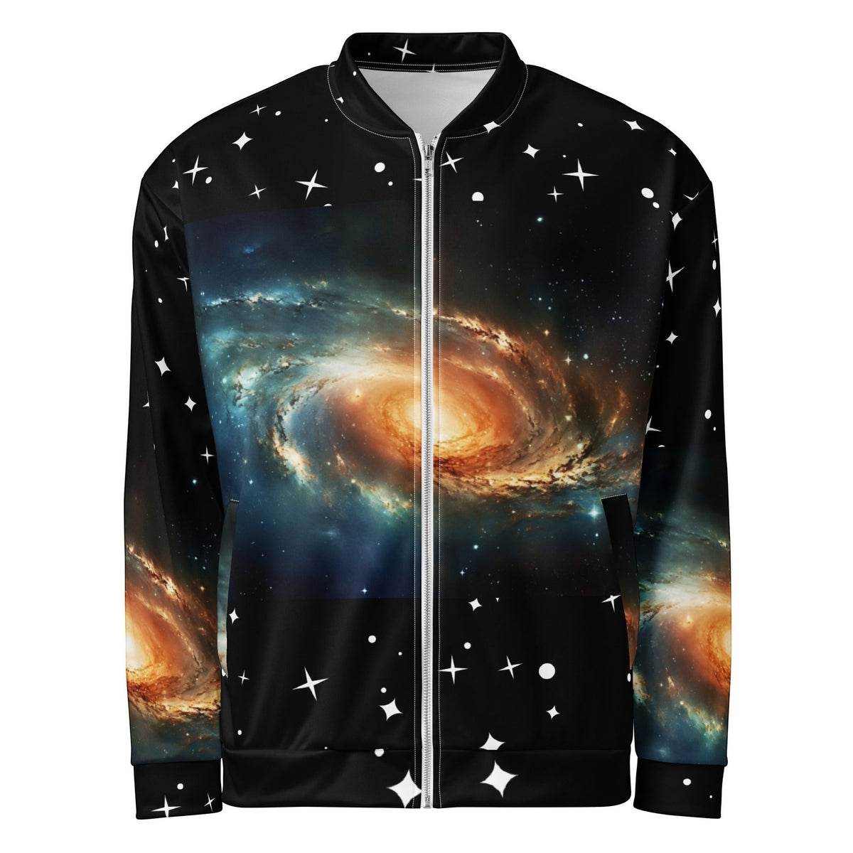 Good Wishes 365 unisex bomber jacket featuring a vibrant all-over galaxy and star print on black polyester fabric.