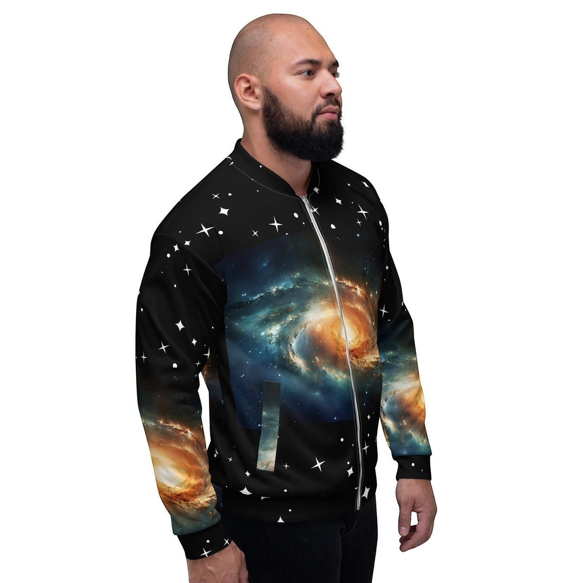 Good Wishes 365 unisex bomber jacket featuring a vibrant galaxy universe print with stars on black polyester fabric