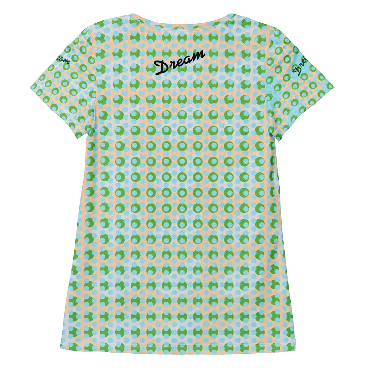Good Wishes 365 women's athletic t-shirt with a green and blue geometric pattern and Dream logo on the back
