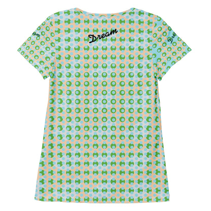 Good Wishes 365 women's athletic t-shirt with a green and blue geometric pattern and Dream logo on the back