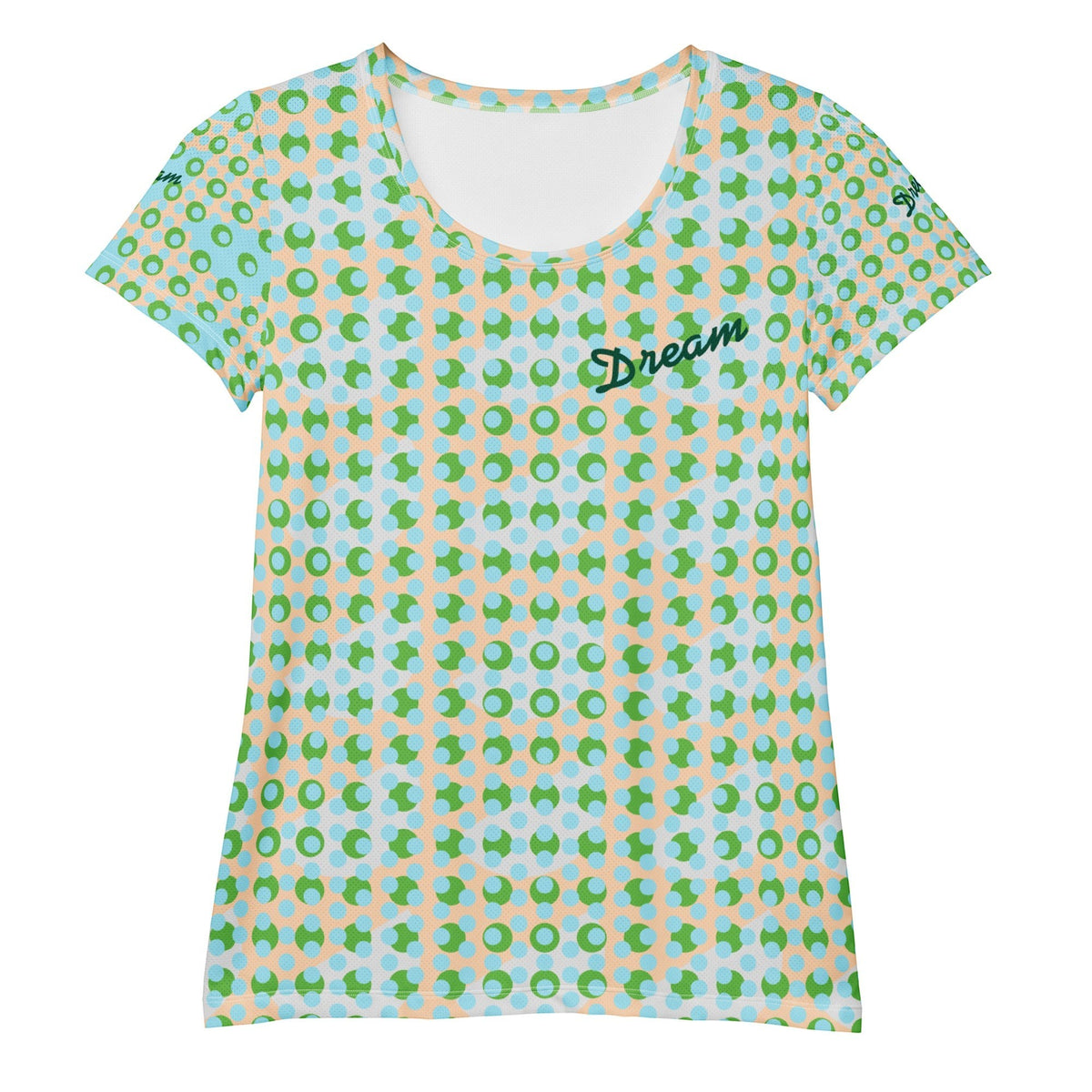 Good Wishes 365 athletic t-shirt with a green and blue geometric pattern and embroidered Dream text on the chest