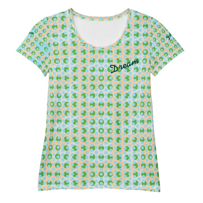 Good Wishes 365 athletic t-shirt with a green and blue geometric pattern and embroidered Dream text on the chest
