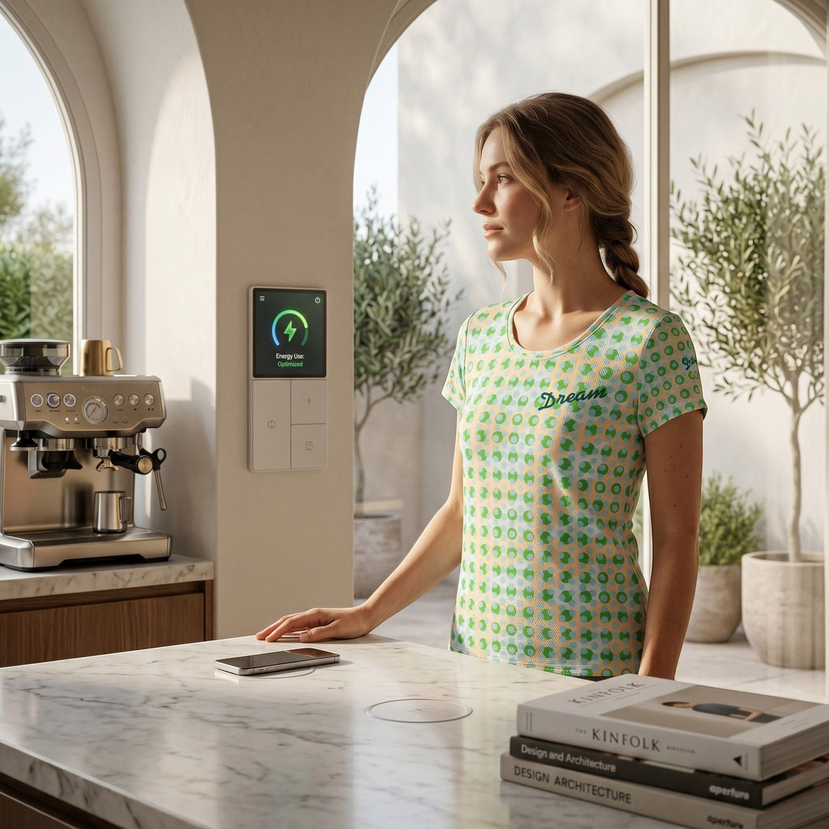 Good Wishes 365 women's athletic t-shirt with green and blue geometric print and embroidered Dream logo in a kitchen.