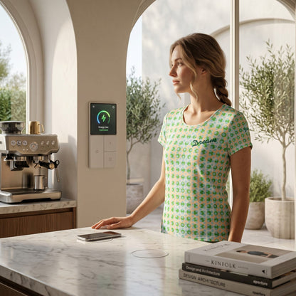 Good Wishes 365 women's athletic t-shirt with green and blue geometric print and embroidered Dream logo in a kitchen.