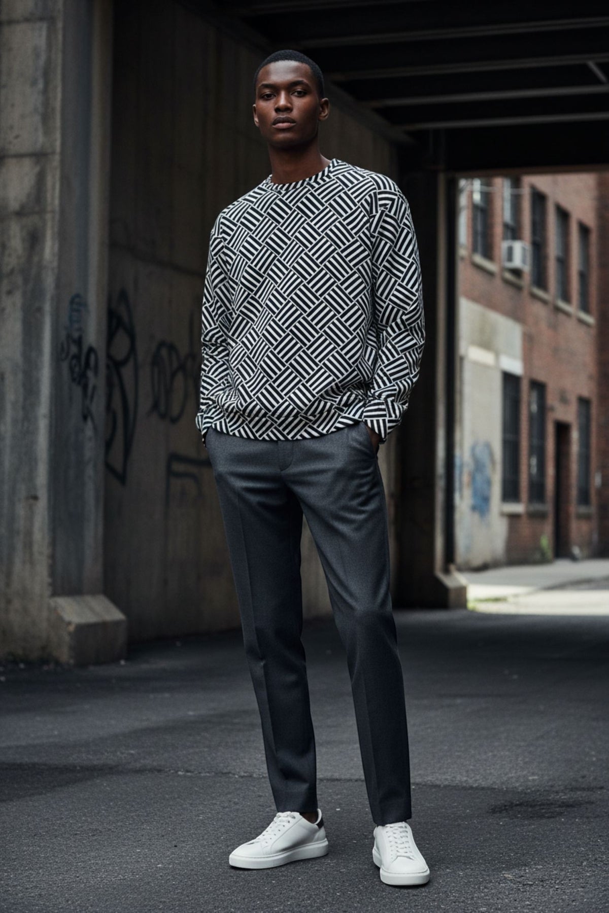 Good Wishes 365 unisex sweatshirt with black and white geometric basketweave pattern worn by a man in an urban setting