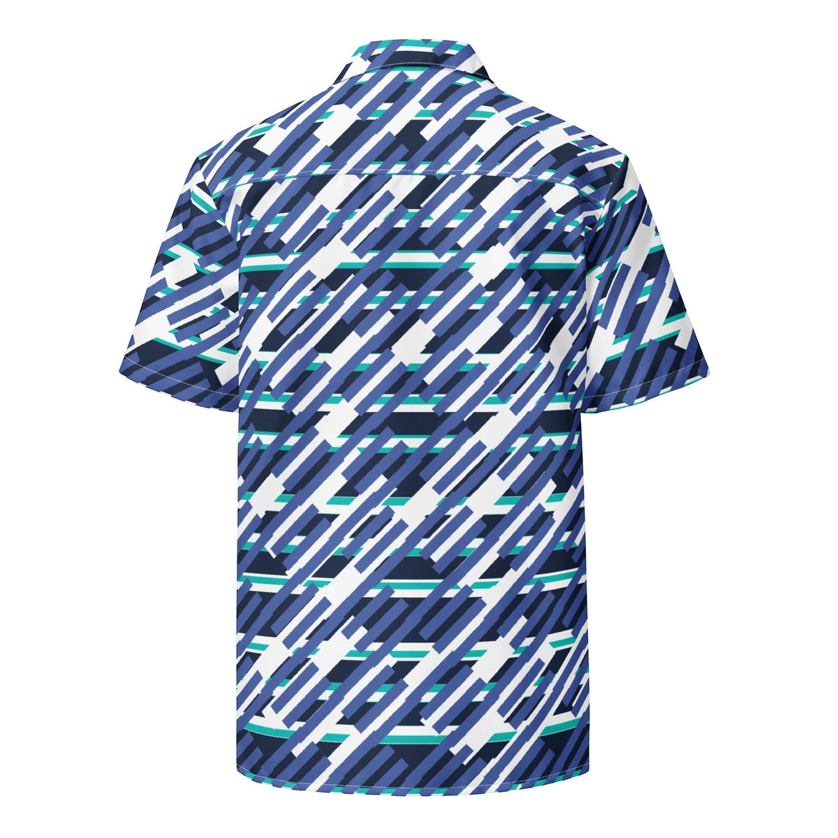 Back view of a Good Wishes 365 short sleeve button down shirt in mariner blue with a geometric pattern.