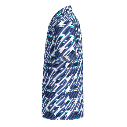 Good Wishes 365 men's short sleeve button down shirt in mariner blue with a white and teal geometric pattern side view