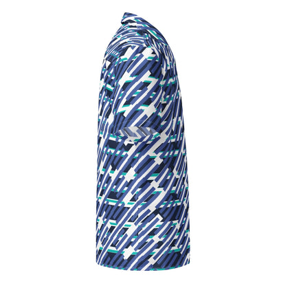 Good Wishes 365 men's short sleeve button down shirt in mariner blue with a geometric pattern, side view.