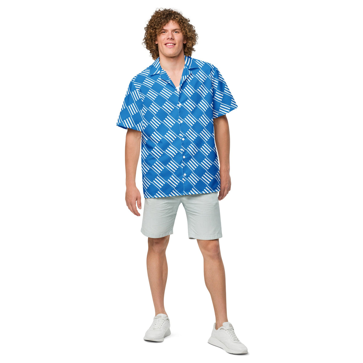 Good Wishes 365 blue short sleeve button down shirt with white geometric pattern and camp collar worn by a man