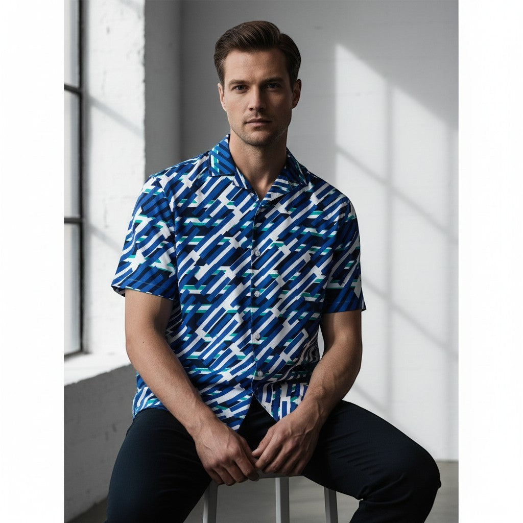 Good Wishes 365 men's short sleeve button-down shirt in mariner blue with a geometric pattern, worn by a male model.