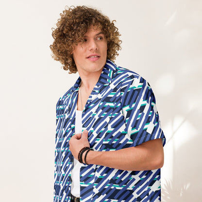 Good Wishes 365 men's short sleeve button down shirt in mariner blue with a geometric pattern worn by a curly-haired man