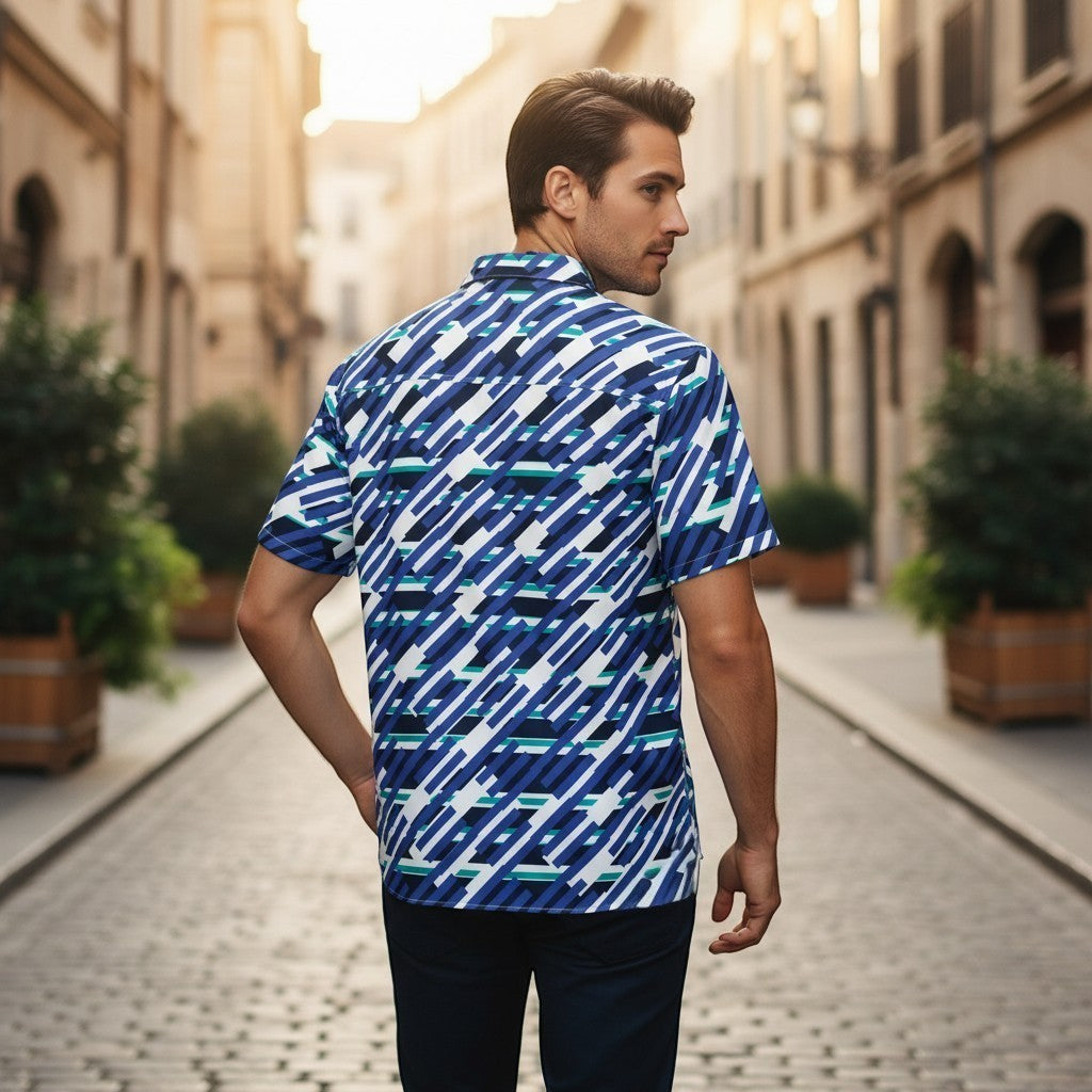 Good Wishes 365 men's short sleeve button down shirt with a geometric mariner blue, white, and teal pattern