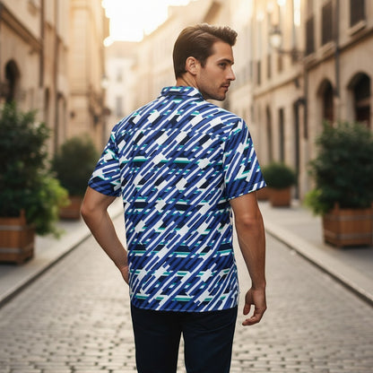 Good Wishes 365 men's short sleeve button down shirt with a geometric mariner blue, white, and teal pattern