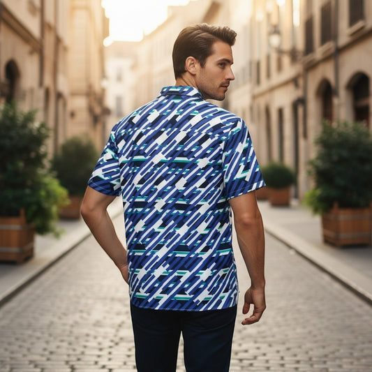 Good Wishes 365 men's short sleeve button down shirt with a geometric mariner blue, white, and teal pattern