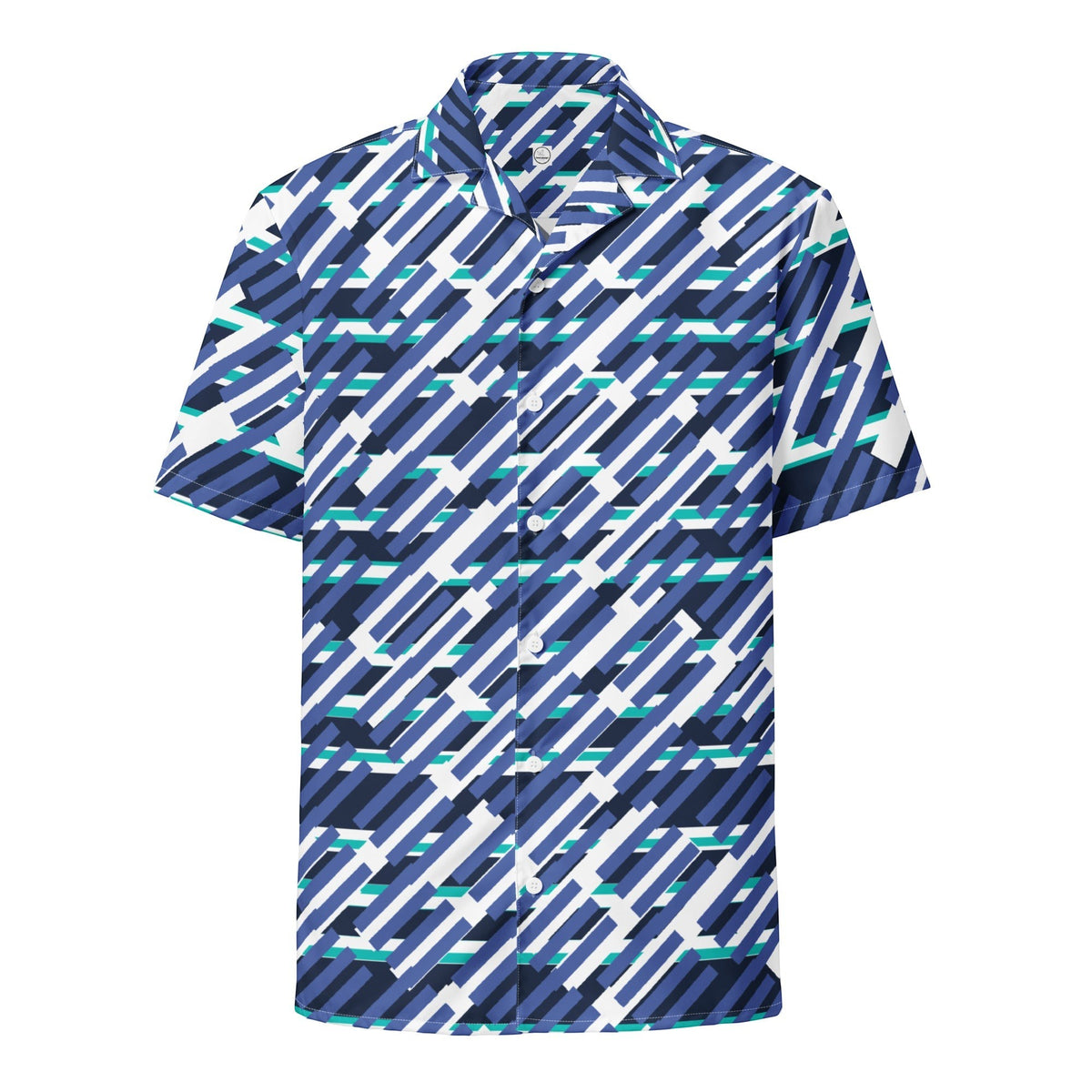 Good Wishes 365 men's short sleeve button down shirt in mariner blue with a geometric pattern and teal accents.