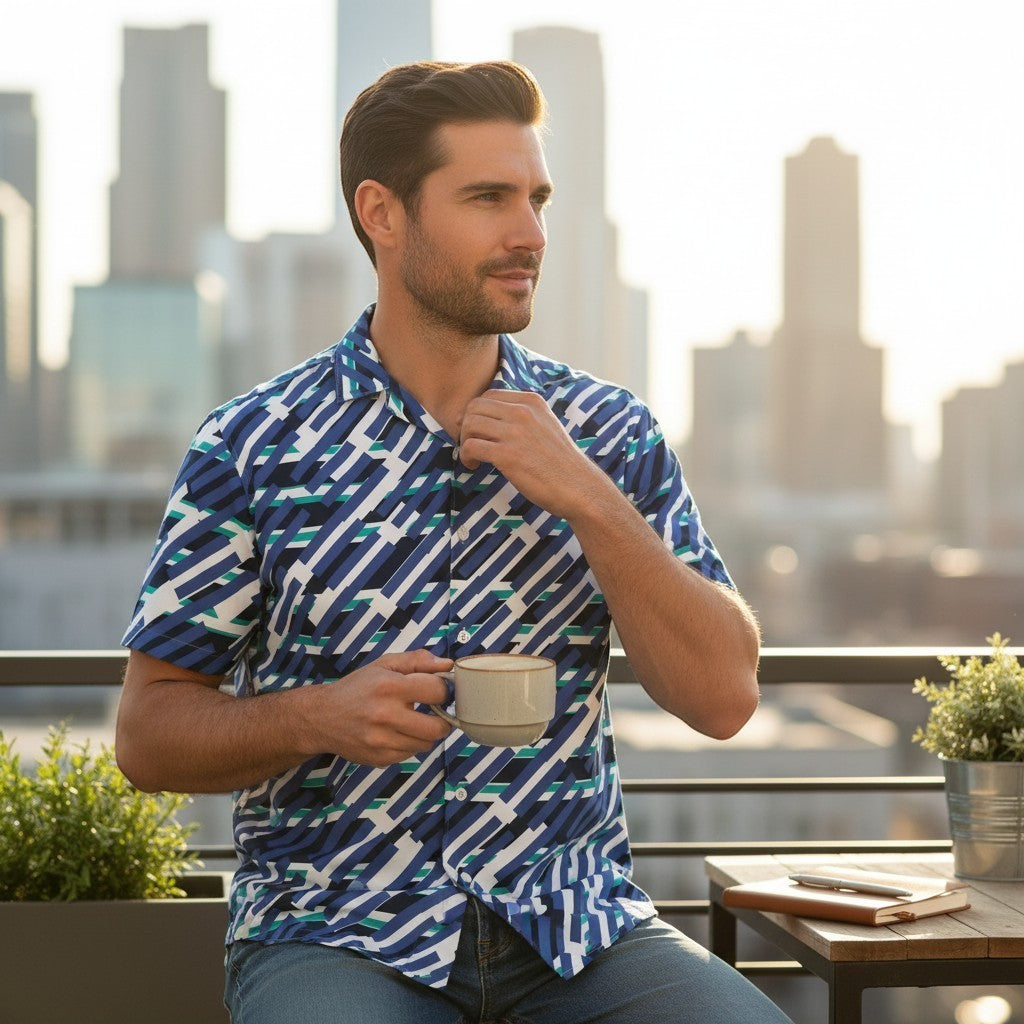 Good Wishes 365 men's short sleeve button down shirt in mariner blue with a geometric pattern, worn on a city balcony.
