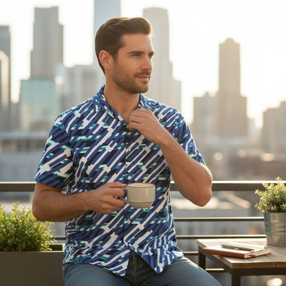 Good Wishes 365 men's short sleeve button down shirt in mariner blue with a geometric pattern, worn on a city balcony.