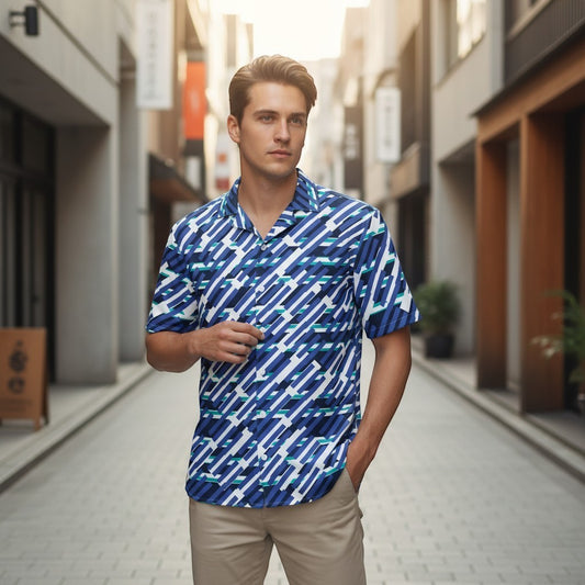 Good Wishes 365 men's short sleeve button down shirt in mariner blue with a geometric pattern, worn on a city street.