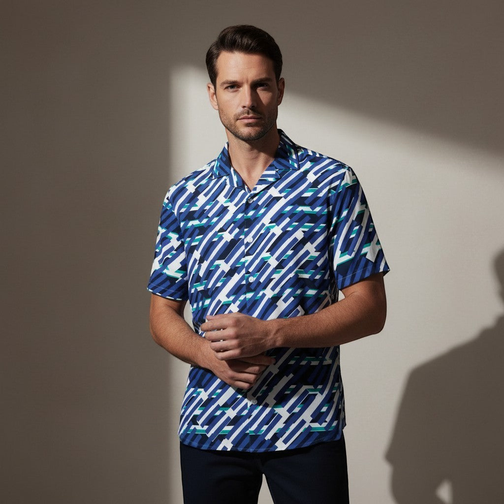 Good Wishes 365 men's short sleeve button down shirt in mariner blue with a geometric pattern and teal accents