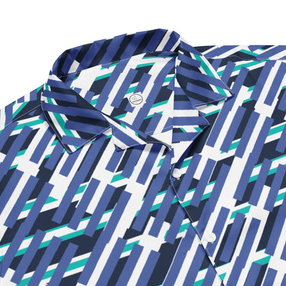 Good Wishes 365 men's short sleeve button down shirt in mariner blue with a geometric pattern and teal accents