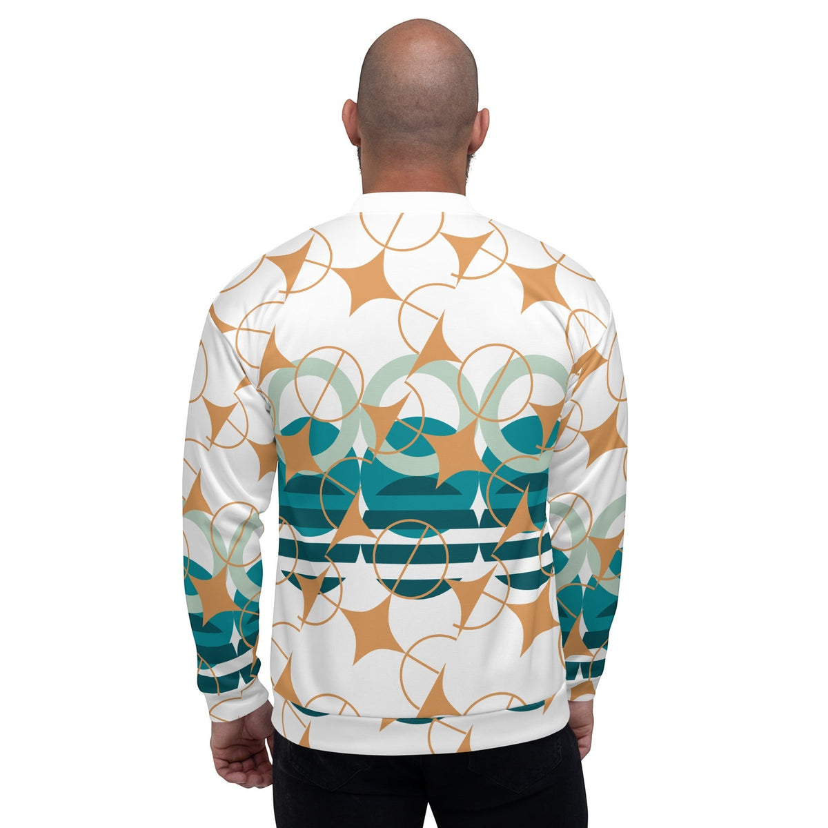 Good Wishes 365 unisex bomber jacket with a white base, amber geo-star pattern, and teal accents, back view.