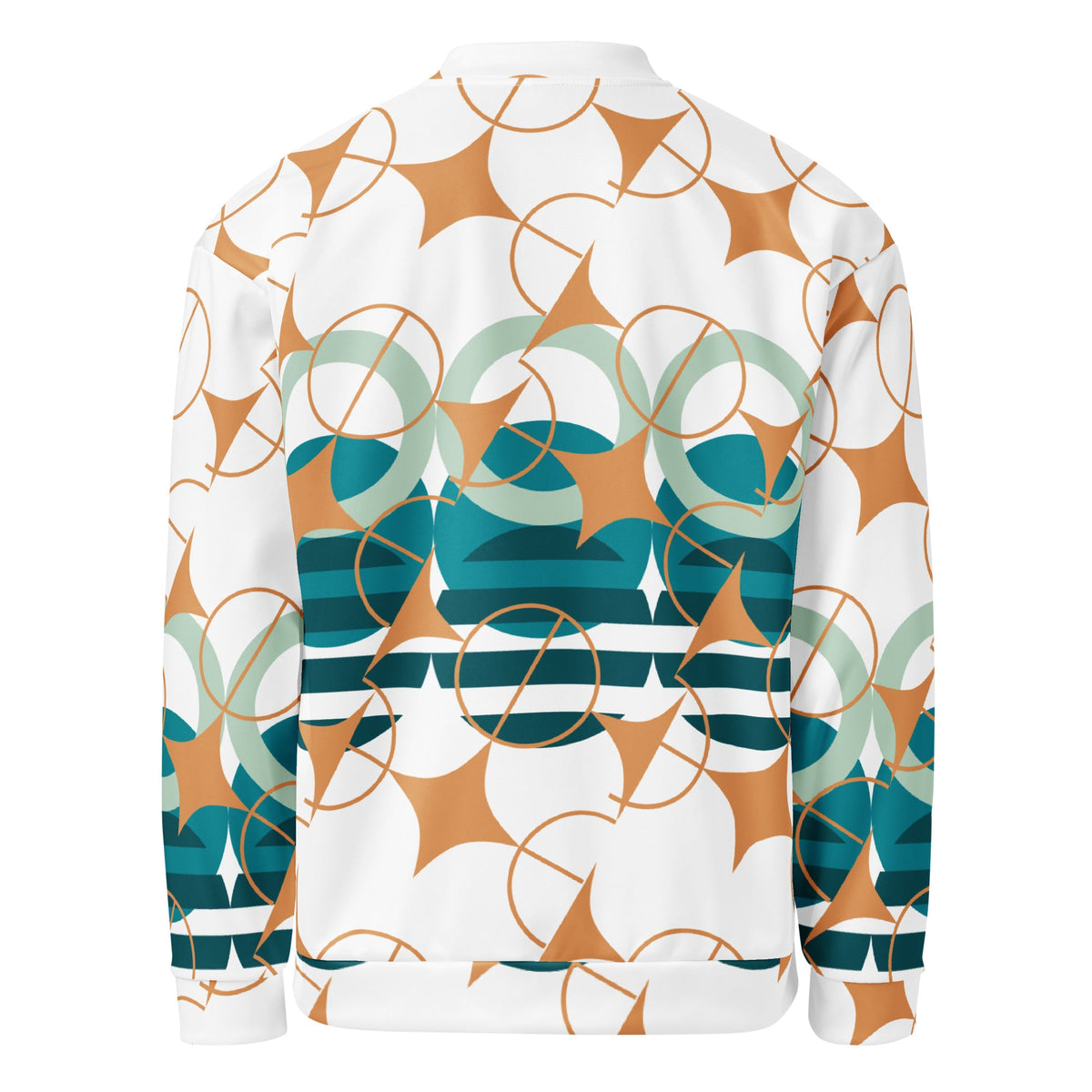 Back view of Good Wishes 365 bomber jacket in white with teal, sage, and ochre geometric star and circle pattern.