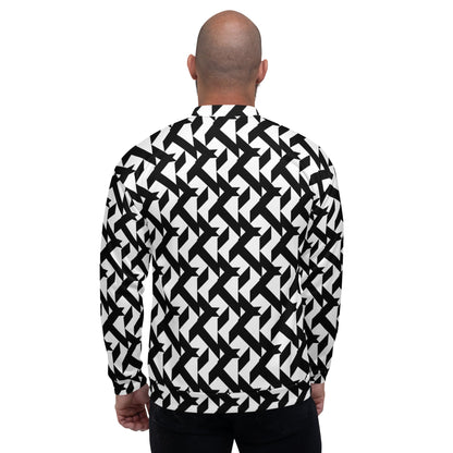 Back view of a Good Wishes 365 bomber jacket featuring a bold black and white geometric pattern on a bald male model.