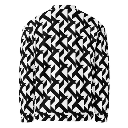 Good Wishes 365 unisex bomber jacket featuring a bold black and white geometric pattern on the back