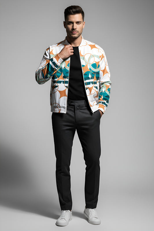 Good Wishes 365 unisex bomber jacket featuring a white base with amber and teal geometric star patterns on a male model.