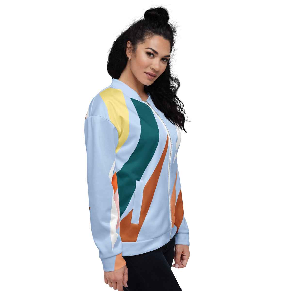 Good Wishes 365 women's bomber jacket with pastel blue and earth tone abstract geometric print and ribbed trim