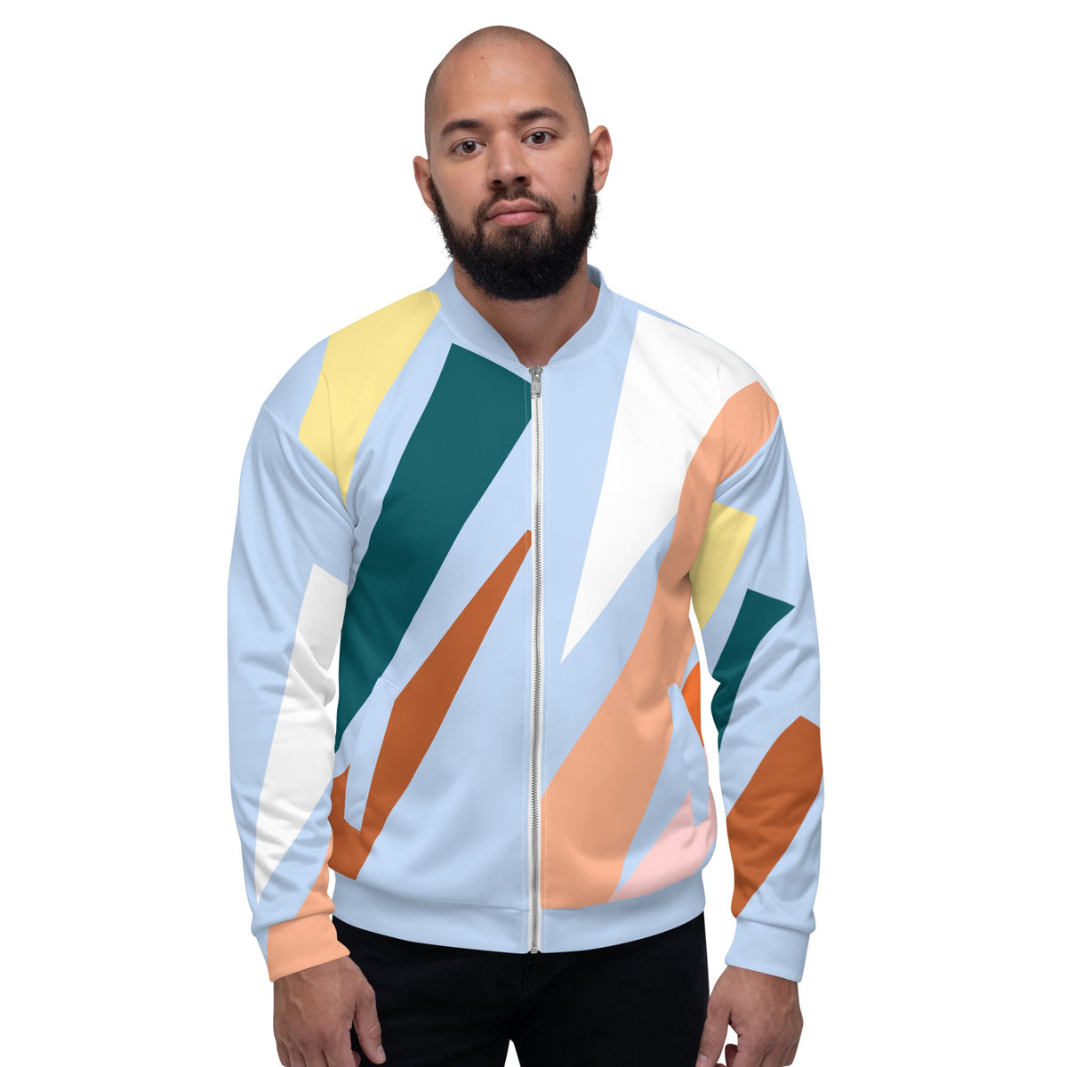 Good Wishes 365 unisex bomber jacket featuring a pastel blue and earth tone abstract geometric print on a model