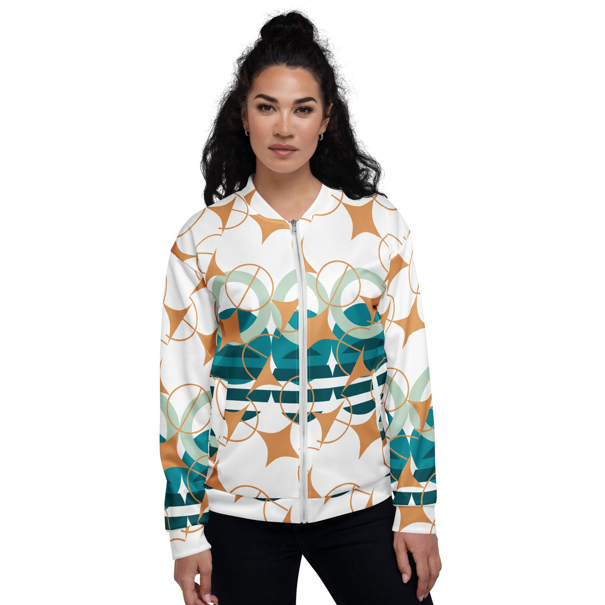 Model wearing a Good Wishes 365 white bomber jacket with teal, sage, and ochre geometric star patterns.
