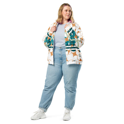 Good Wishes 365 women's bomber jacket featuring a white base with teal, sage, and ochre geometric star patterns.