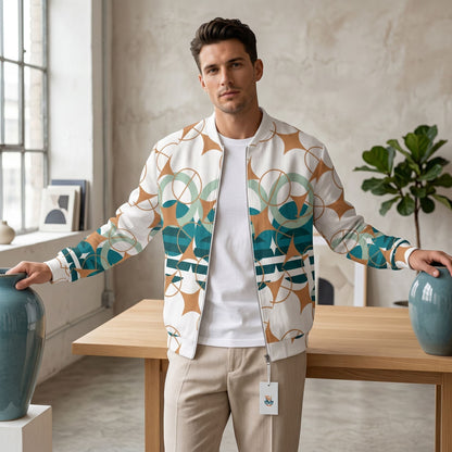 Good Wishes 365 unisex bomber jacket with geometric star pattern in amber and teal on a white base, worn by a man.