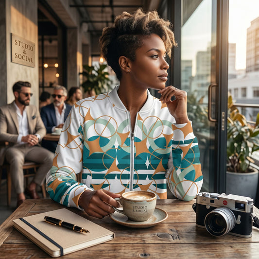 Good Wishes 365 geometric bomber jacket in white with teal, sage, and ochre patterns worn by a woman in a cafe.