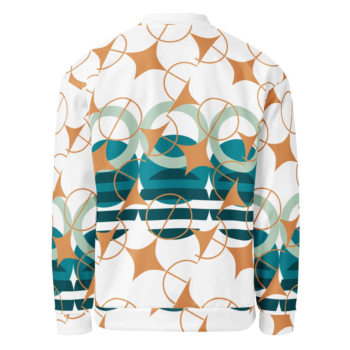 Good Wishes 365 unisex bomber jacket featuring a white base with amber and teal geometric star and circle patterns.