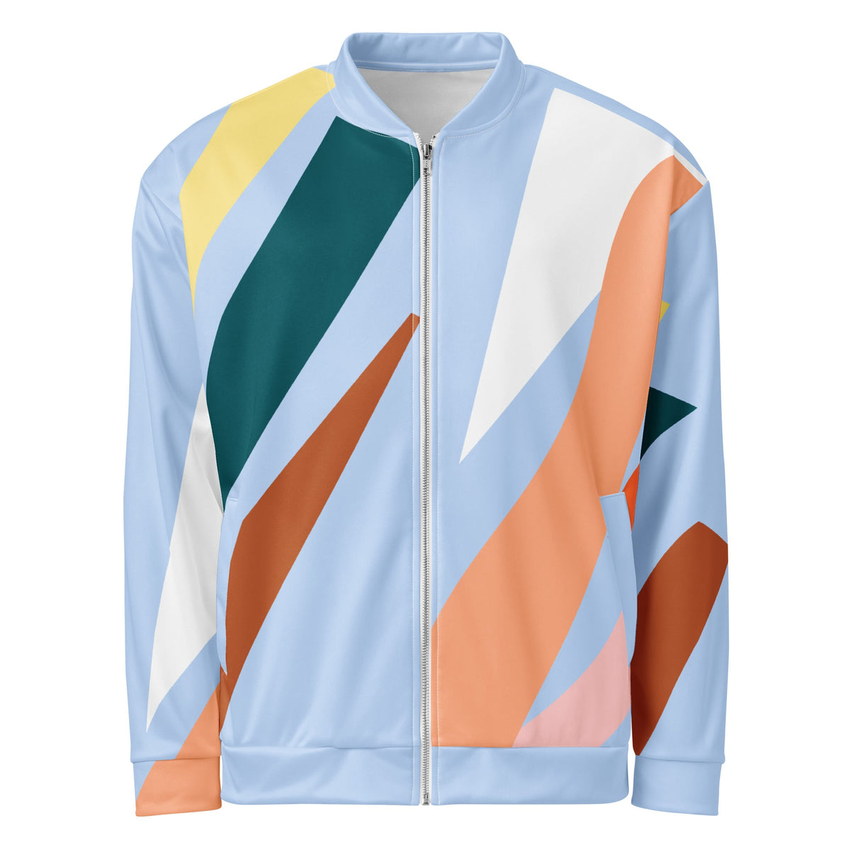 Good Wishes 365 women's bomber jacket with an abstract geometric print in pastel blue, earth tones, and white.