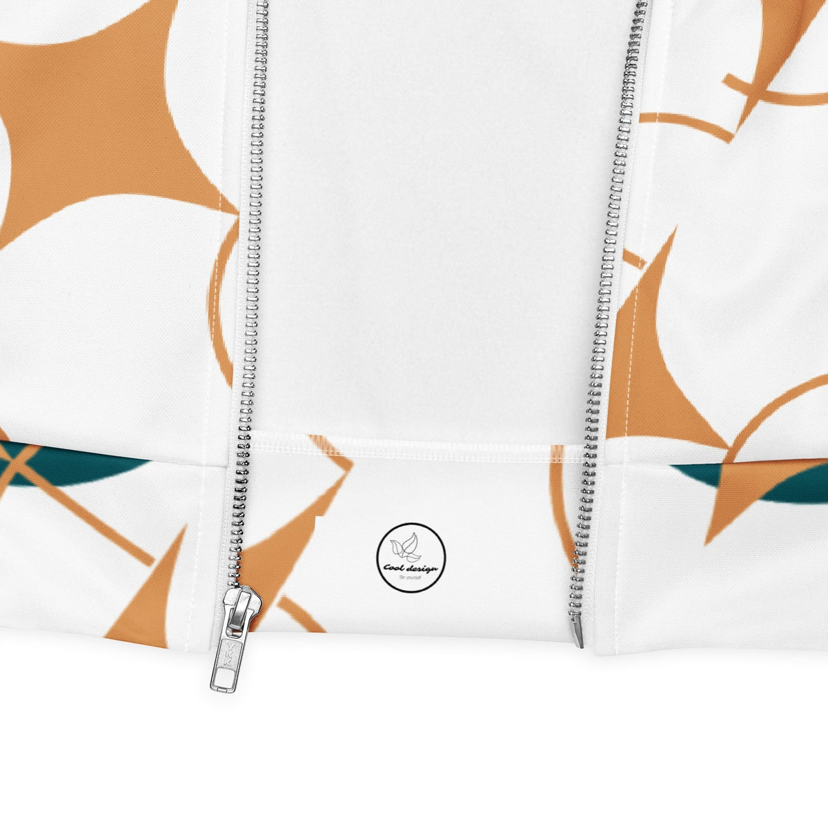 Good Wishes 365 unisex bomber jacket with white base, amber geo-star pattern, teal accents, and silver front zipper.