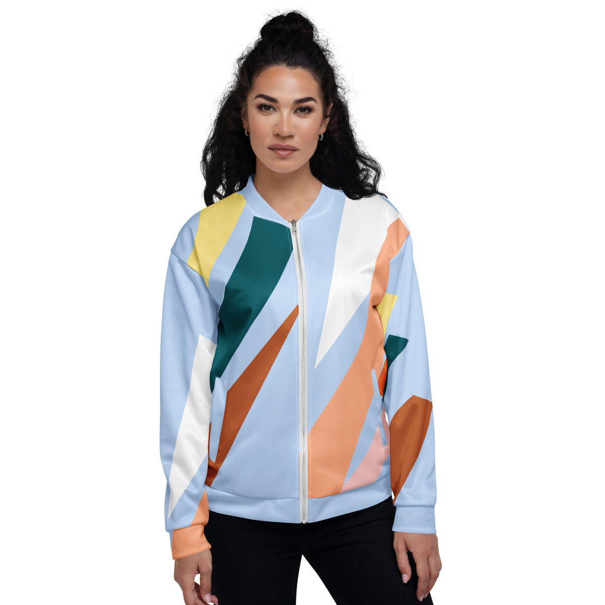 Good Wishes 365 women's bomber jacket with pastel blue and earth tone abstract geometric print and ribbed trim