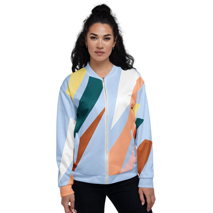 Good Wishes 365 women's bomber jacket with pastel blue and earth tone abstract geometric print and ribbed trim