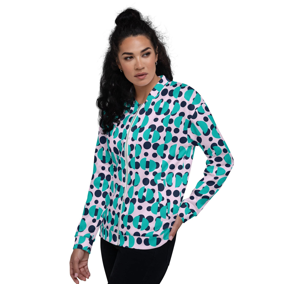Good Wishes 365 unisex bomber jacket featuring a light background with navy polka dots and Irish blue semi-circles.