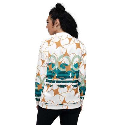 Good Wishes 365 women's bomber jacket with white base and teal, sage, and ochre geometric star pattern, back view