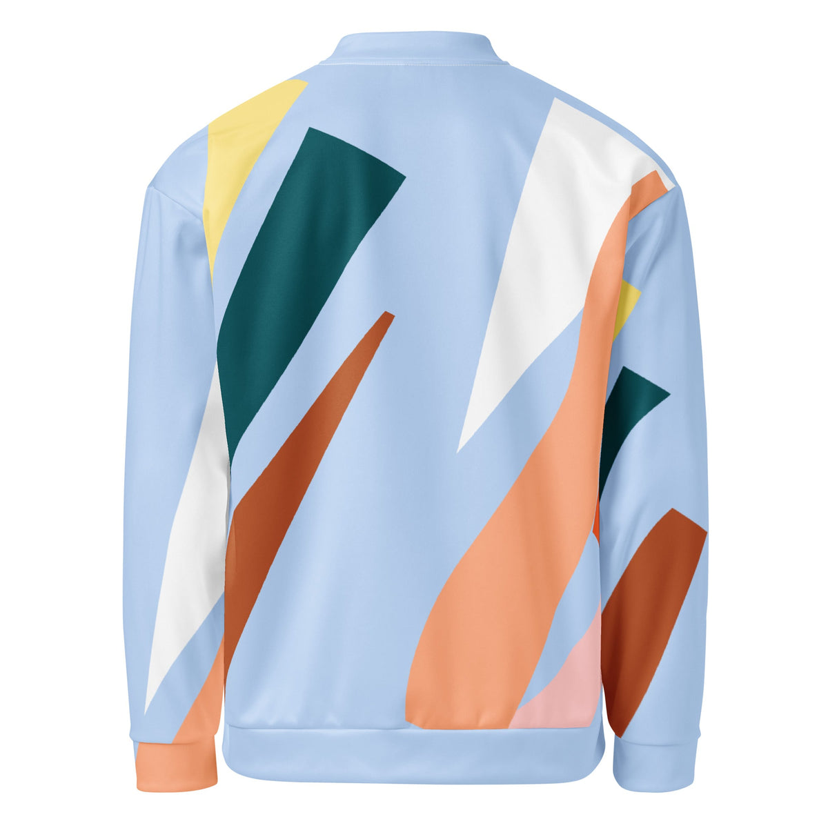 Good Wishes 365 unisex bomber jacket with pastel blue base and abstract geometric print in earth tones, back view.