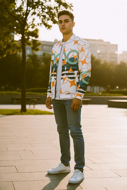 Good Wishes 365 unisex bomber jacket with amber and teal geometric star pattern on white, worn by a man in a park.