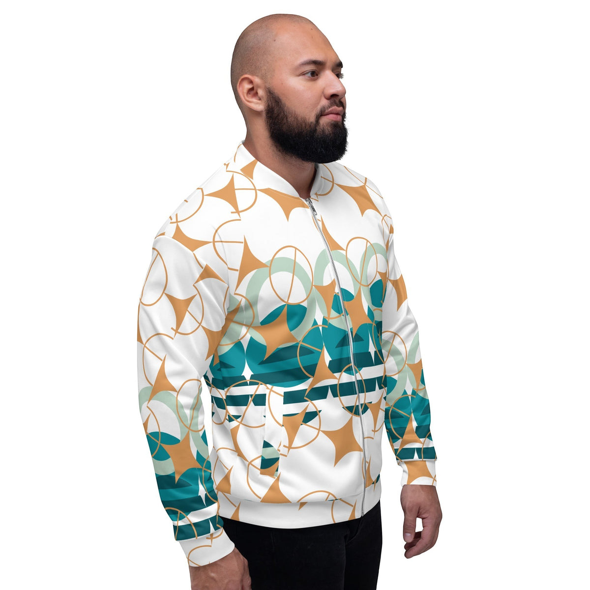 Good Wishes 365 unisex bomber jacket with a white base and geometric amber and teal star pattern on a male model