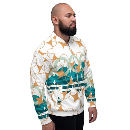 Good Wishes 365 unisex bomber jacket with a white base and geometric amber and teal star pattern on a male model